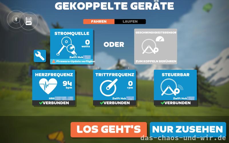 Zwift App mit eingerichtetem Zift Hub und verbundenen Sensoren